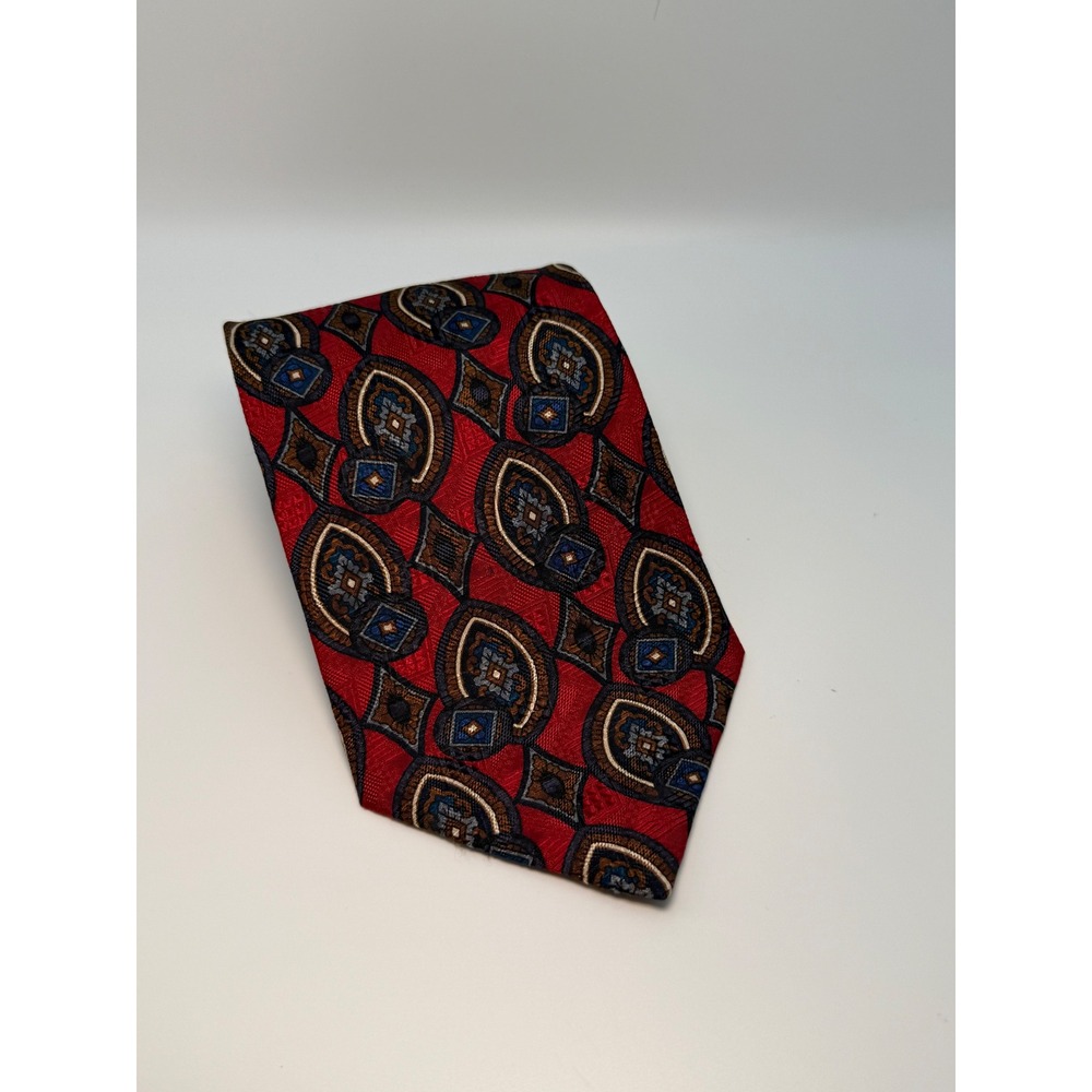 Torriani Silk Tie Extra Long Red Geometric Medallion Vintage Italian Luxury 4"